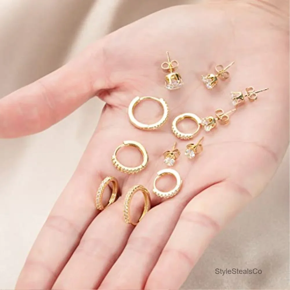 14K Gold Plated Hypoallergenic Hoop & Stud Earrings Set, 8-12mm
